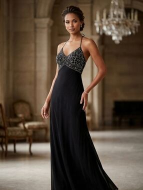 Black 100% silk halter Beaded Dress - New